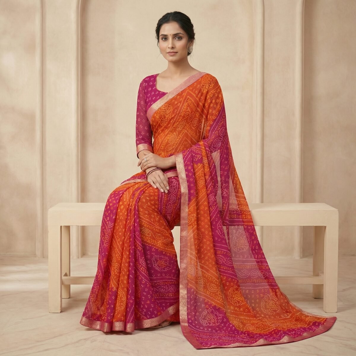 Orange & Magenta Georgette Saree with Ethnic Motifs & Designer Blouse - Image 4
