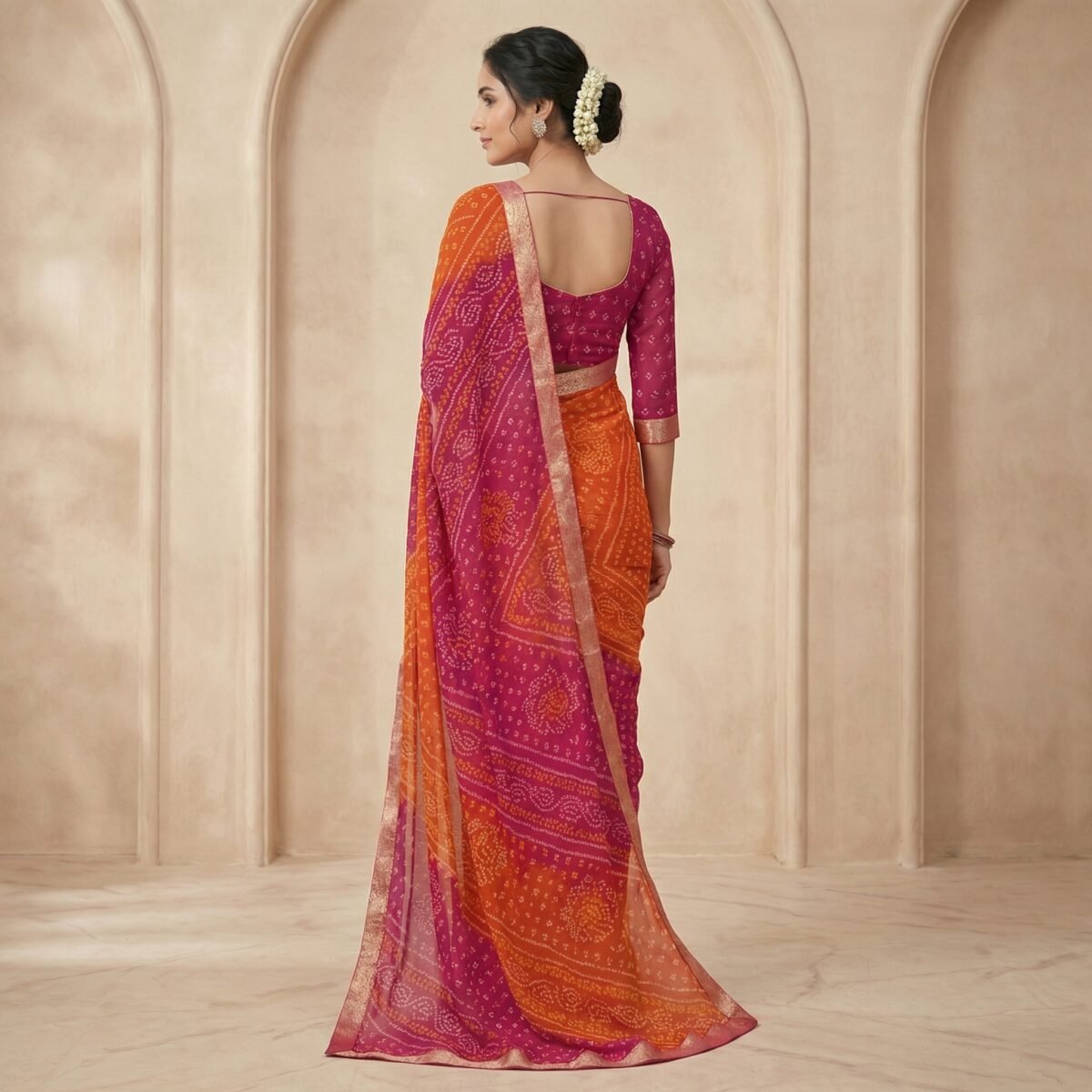Orange & Magenta Georgette Saree with Ethnic Motifs & Designer Blouse - Image 3