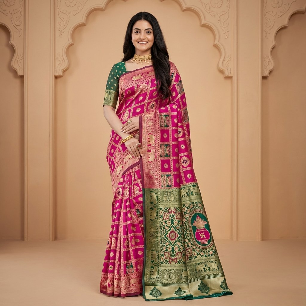 hf_20260301_074049_6a6a60c0-0bf3-4f07-a8b1-0c28959d1bce Rani Pink & Green Banarasi Silk Saree with Rich Zari Weaving - Image 1