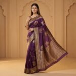 Royal Purple Banarasi Silk Saree with Rich Gold Zari Border - Image 2