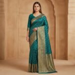 Teal Silk Saree with Antique Gold Zari Border & Rich Woven Pallu
