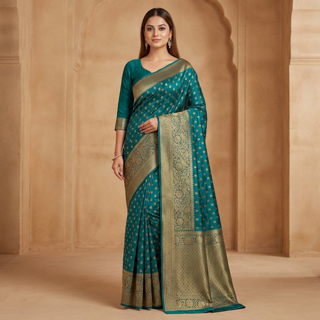 hf_20260301_114039_f0150297-1b1d-4322-b055-90e1140f87e6 Teal Silk Saree with Antique Gold Zari Border & Rich Woven Pallu - Image 1