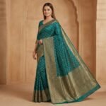 Teal Silk Saree with Antique Gold Zari Border & Rich Woven Pallu - Image 2