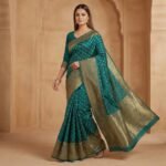 Teal Silk Saree with Antique Gold Zari Border & Rich Woven Pallu - Image 4