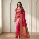 Deep Pink Kanjeevaram Silk Saree with Antique Gold Zari Border - Image 4