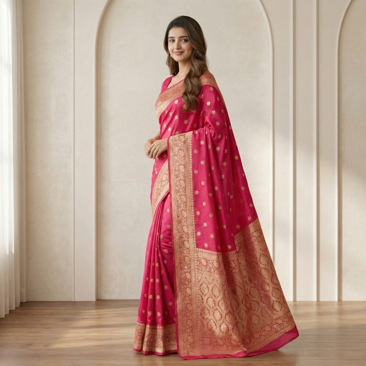 Deep Pink Kanjeevaram Silk Saree with Antique Gold Zari Border - Image 2