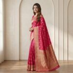 Deep Pink Kanjeevaram Silk Saree with Antique Gold Zari Border - Image 2