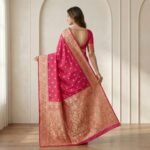 Deep Pink Kanjeevaram Silk Saree with Antique Gold Zari Border - Image 3