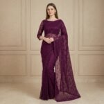 Purple Floral Embroidered Net Saree with Lace Blouse