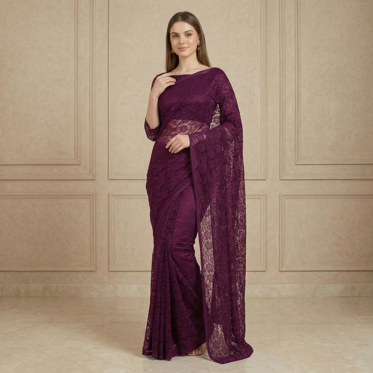 Purple Floral Embroidered Net Saree with Lace Blouse - Image 2