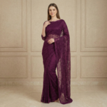 Purple Floral Embroidered Net Saree with Lace Blouse - Image 2