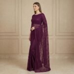 Purple Floral Embroidered Net Saree with Lace Blouse - Image 4