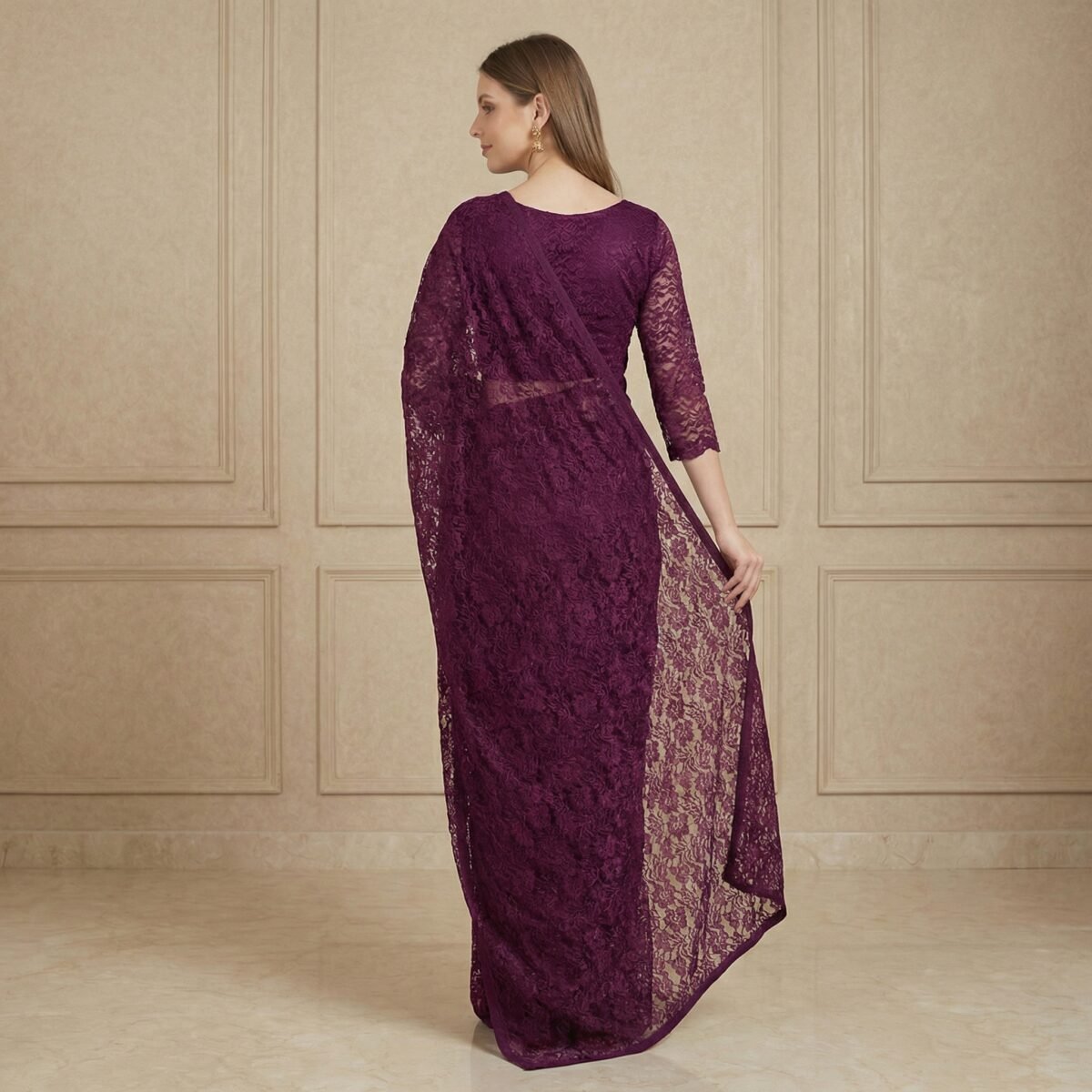 Purple Floral Embroidered Net Saree with Lace Blouse - Image 3