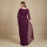 Purple Floral Embroidered Net Saree with Lace Blouse - Image 3