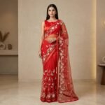 Vermilion Red Floral Embroidered Net Saree with Gold Trim Border