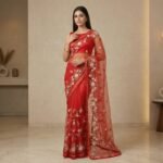 Vermilion Red Floral Embroidered Net Saree with Gold Trim Border - Image 2