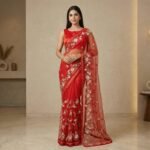 Vermilion Red Floral Embroidered Net Saree with Gold Trim Border - Image 4