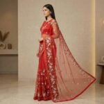 Vermilion Red Floral Embroidered Net Saree with Gold Trim Border - Image 3