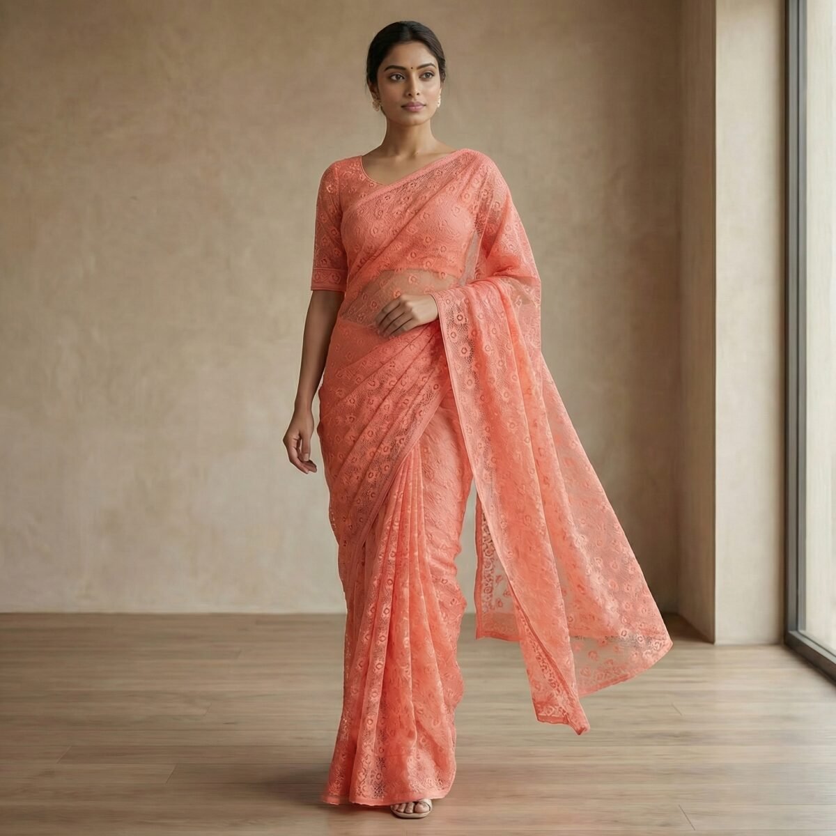 Peach Coral Floral Embroidered Net Saree with Matching Blouse - Image 4
