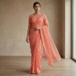 Peach Coral Floral Embroidered Net Saree with Matching Blouse - Image 4