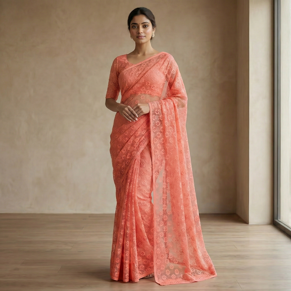 Peach Coral Floral Embroidered Net Saree with Matching Blouse - Image 2