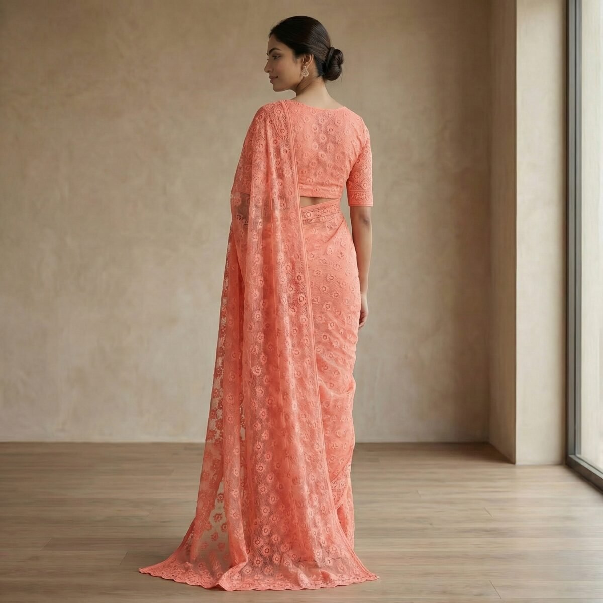 Peach Coral Floral Embroidered Net Saree with Matching Blouse - Image 3
