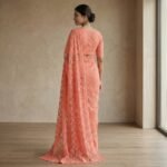 Peach Coral Floral Embroidered Net Saree with Matching Blouse - Image 3