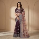 Purple Dual-Tone Net Saree with Silver Zari Embroidery