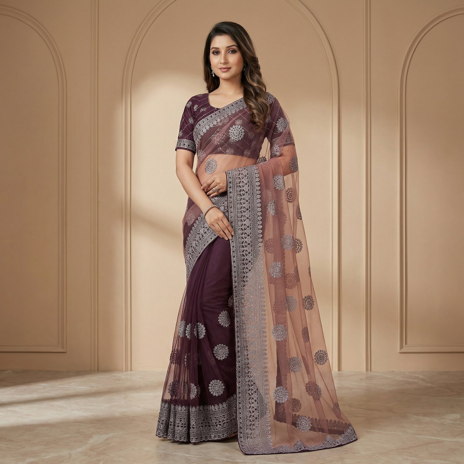 hf_20260301_140658_4a34da79-09d1-41fa-943b-9f01a74fda1c Purple Dual-Tone Net Saree with Silver Zari Embroidery - Image 1
