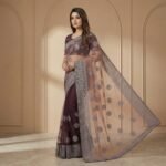 Purple Dual-Tone Net Saree with Silver Zari Embroidery - Image 2