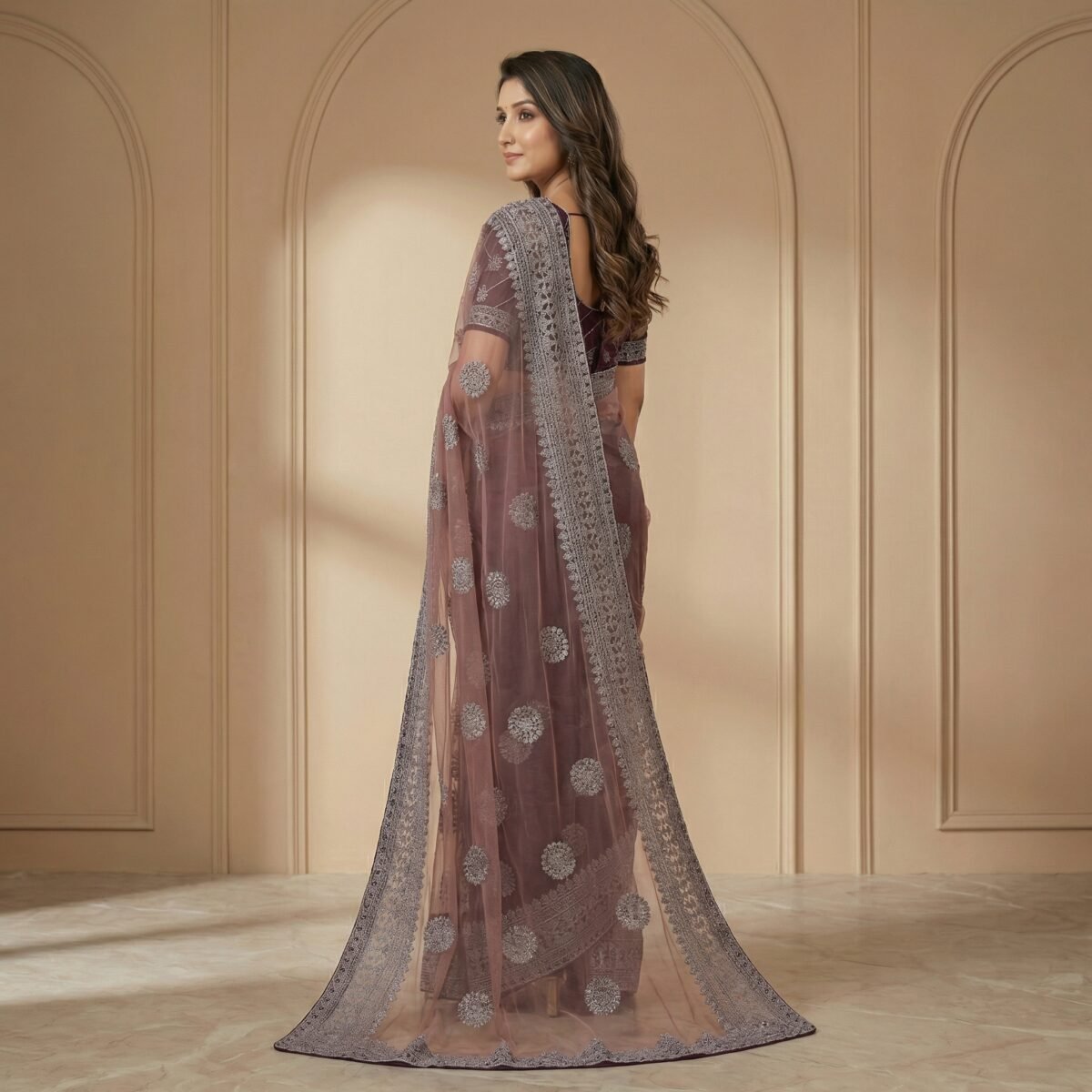 Purple Dual-Tone Net Saree with Silver Zari Embroidery - Image 3