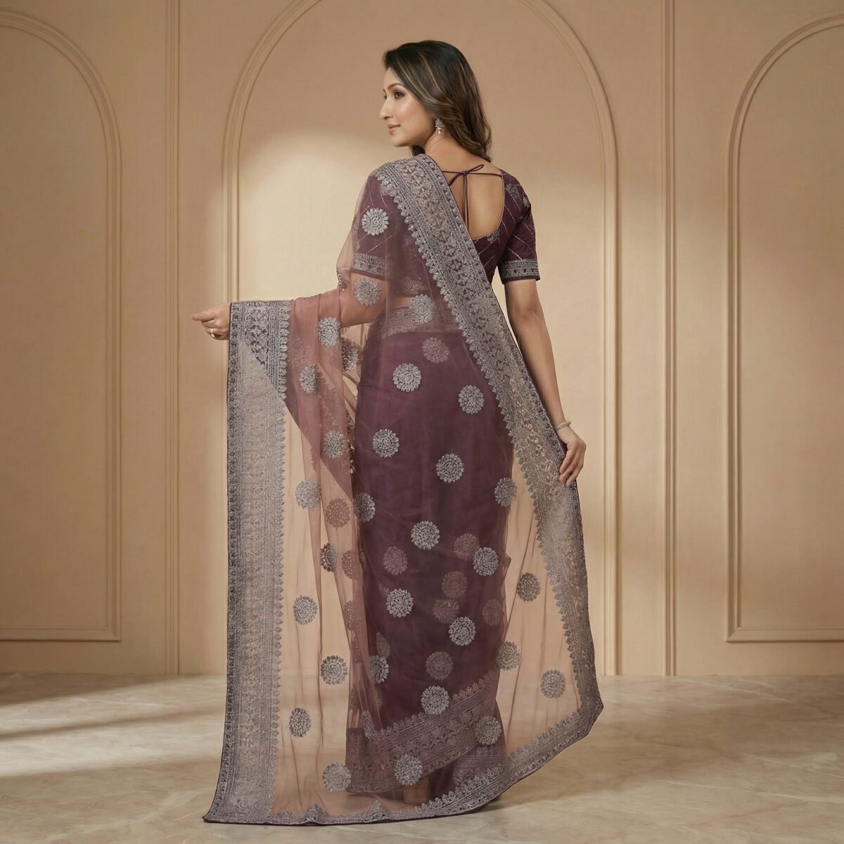 Purple Dual-Tone Net Saree with Silver Zari Embroidery - Image 4