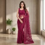 Deep Magenta Floral Embroidered Net Saree with Lace Border