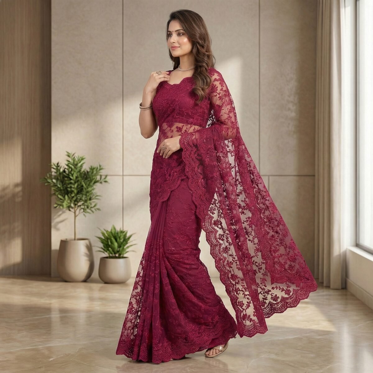 Deep Magenta Floral Embroidered Net Saree with Lace Border - Image 3