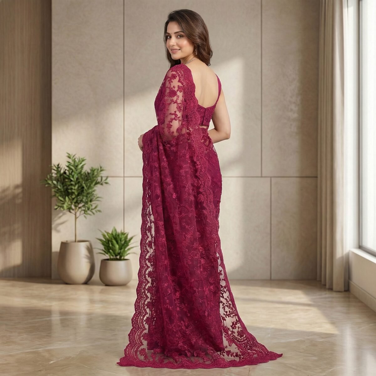 Deep Magenta Floral Embroidered Net Saree with Lace Border - Image 2