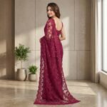 Deep Magenta Floral Embroidered Net Saree with Lace Border - Image 2