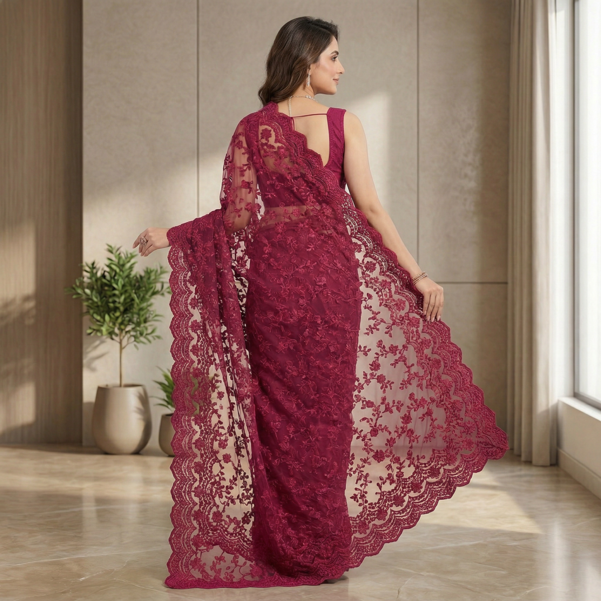 Deep Magenta Floral Embroidered Net Saree with Lace Border - Image 4