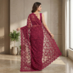Deep Magenta Floral Embroidered Net Saree with Lace Border - Image 4