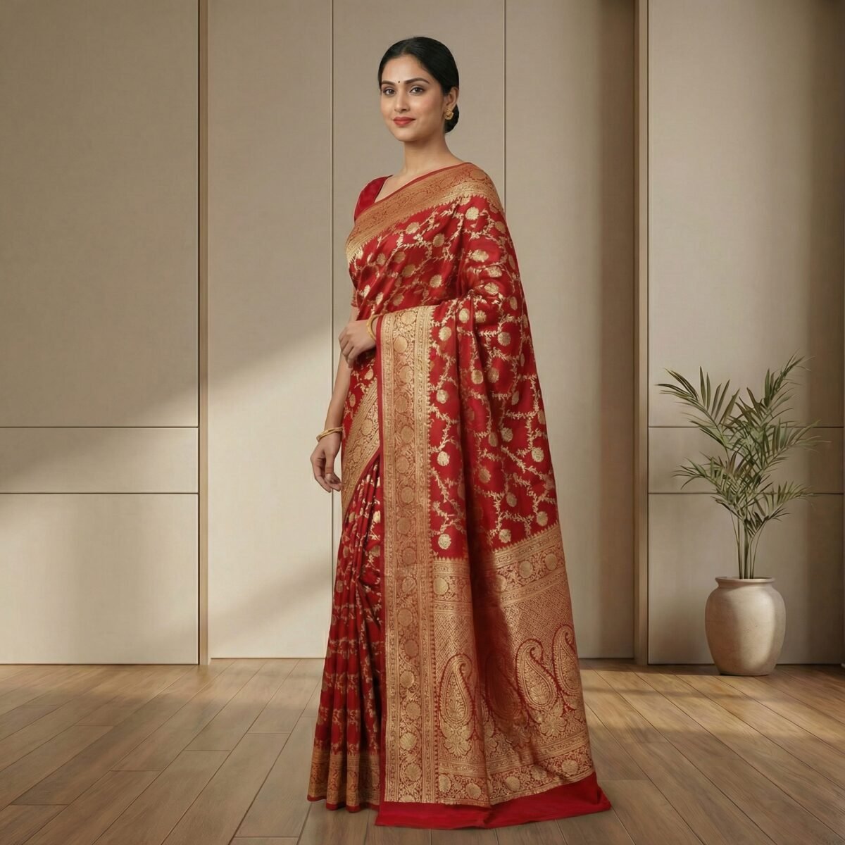 Red Kanjivaram Silk Saree with Rich Gold Zari Border & Traditional Brocade Weaving - Image 2