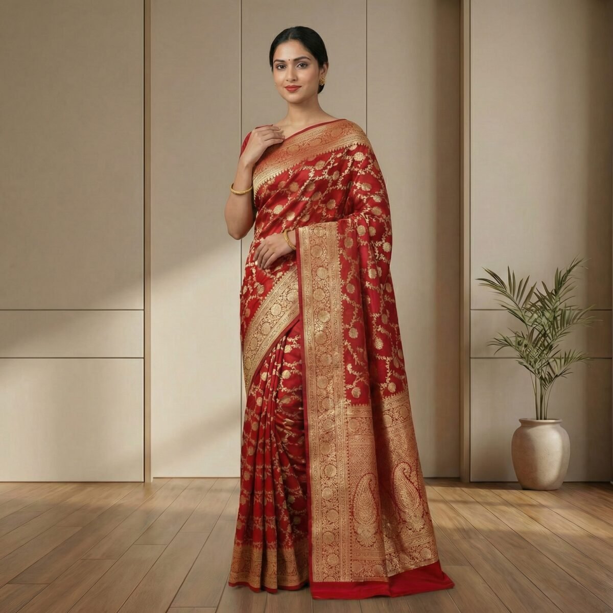 Red Kanjivaram Silk Saree with Rich Gold Zari Border & Traditional Brocade Weaving - Image 4