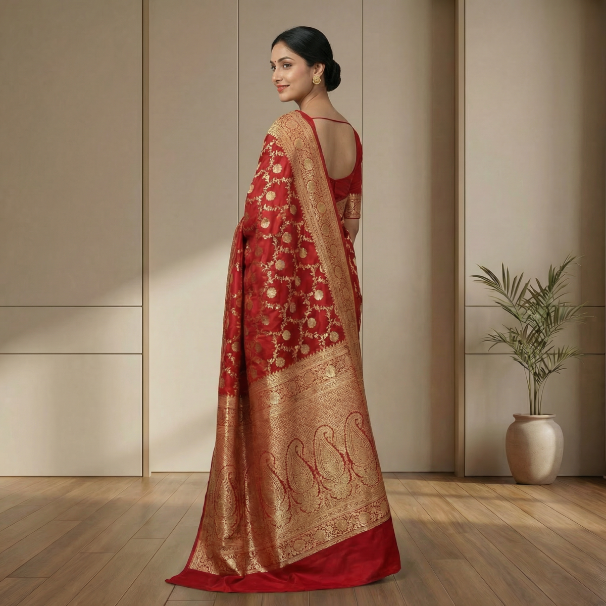 Red Kanjivaram Silk Saree with Rich Gold Zari Border & Traditional Brocade Weaving - Image 3