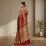 Red Kanjivaram Silk Saree with Rich Gold Zari Border & Traditional Brocade Weaving - Image 3