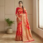 Red & Orange Soft Silk Saree with Gold Zari Border & Rich Pallu