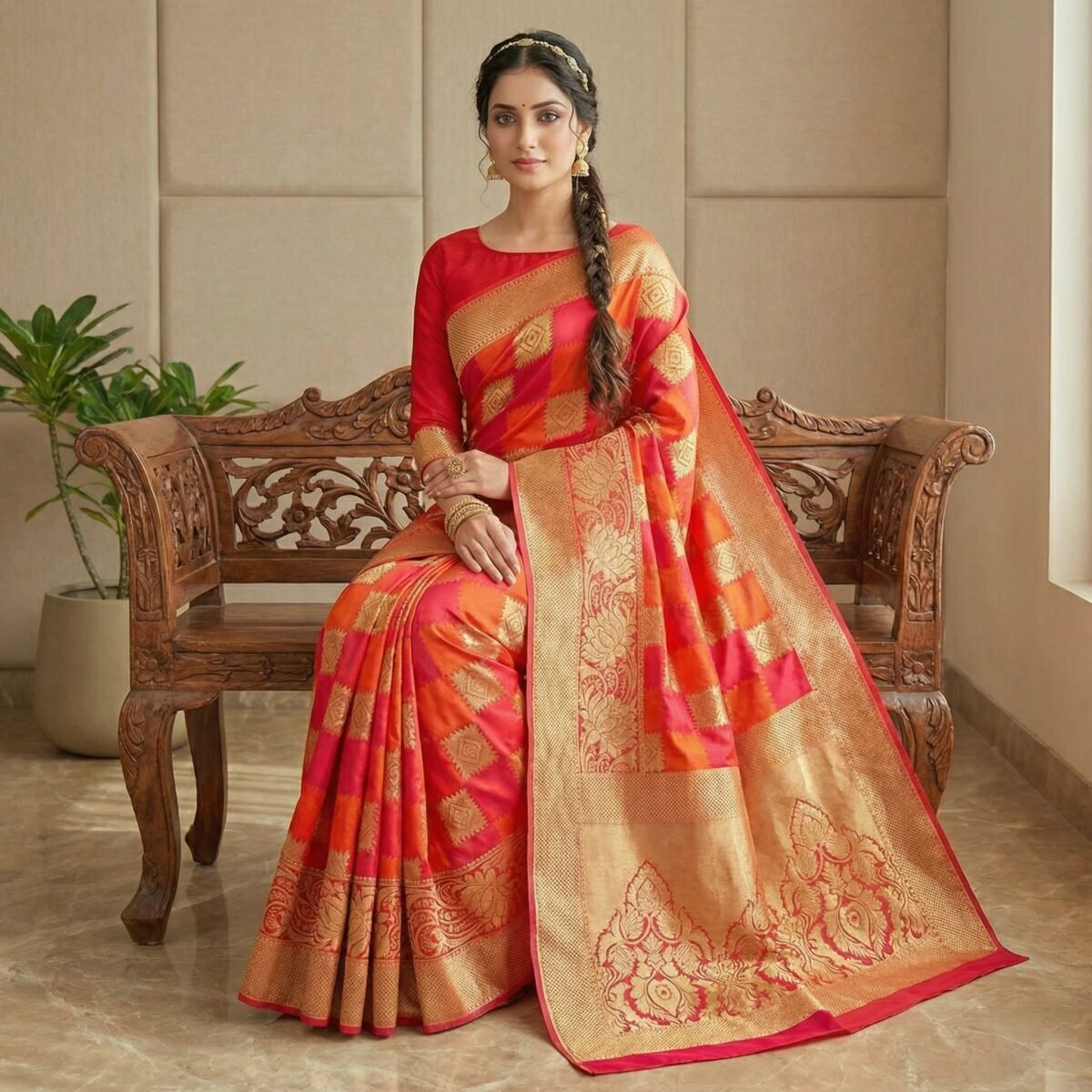 Red & Orange Soft Silk Saree with Gold Zari Border & Rich Pallu - Image 3