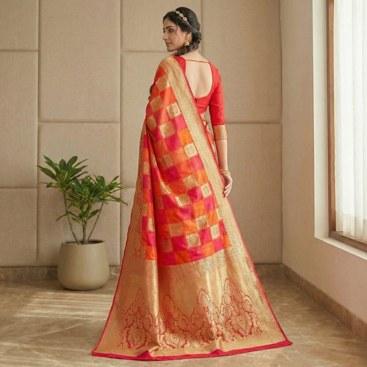 Red & Orange Soft Silk Saree with Gold Zari Border & Rich Pallu - Image 4