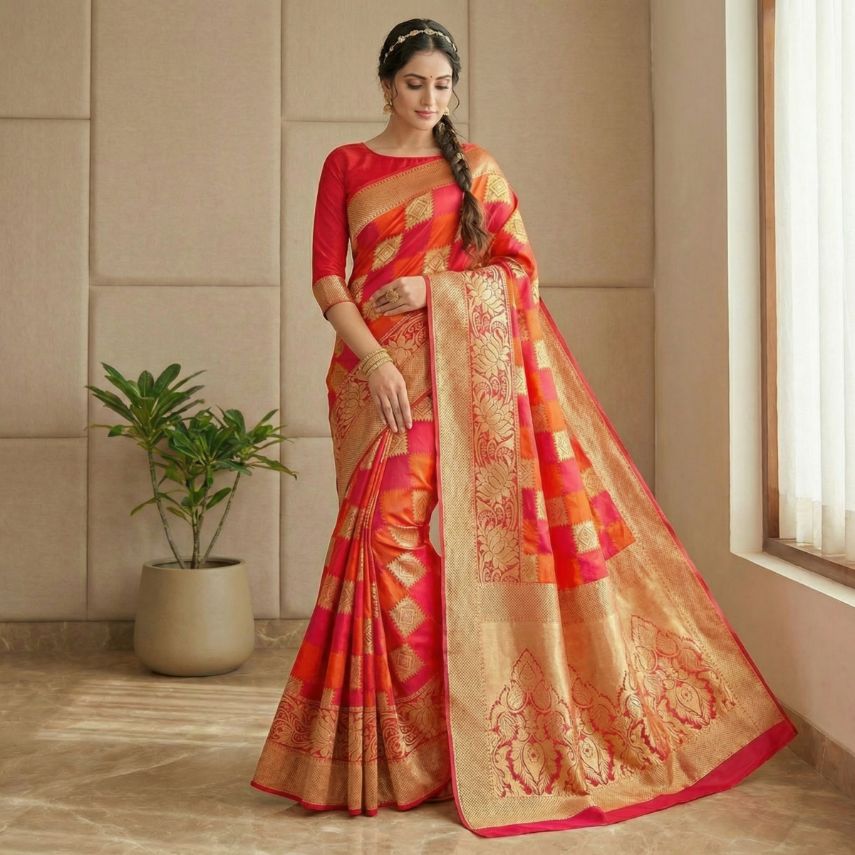 Red & Orange Soft Silk Saree with Gold Zari Border & Rich Pallu - Image 2