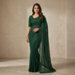 Forest Green Shimmer Chiffon Saree with Textured Half Sleeve Blouse