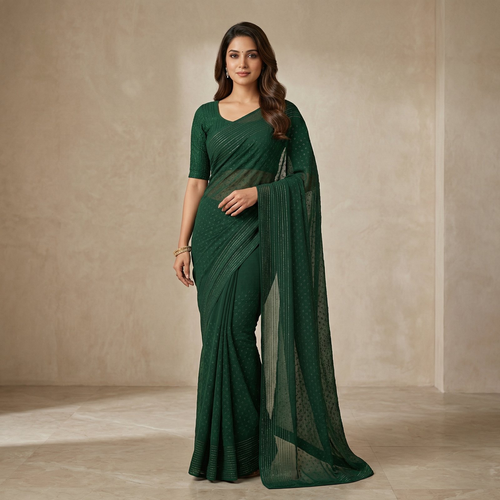 hf_20260302_043738_3181881c-c6ed-4272-9ab5-047a762e0ab1 Forest Green Shimmer Chiffon Saree with Textured Half Sleeve Blouse - Image 1