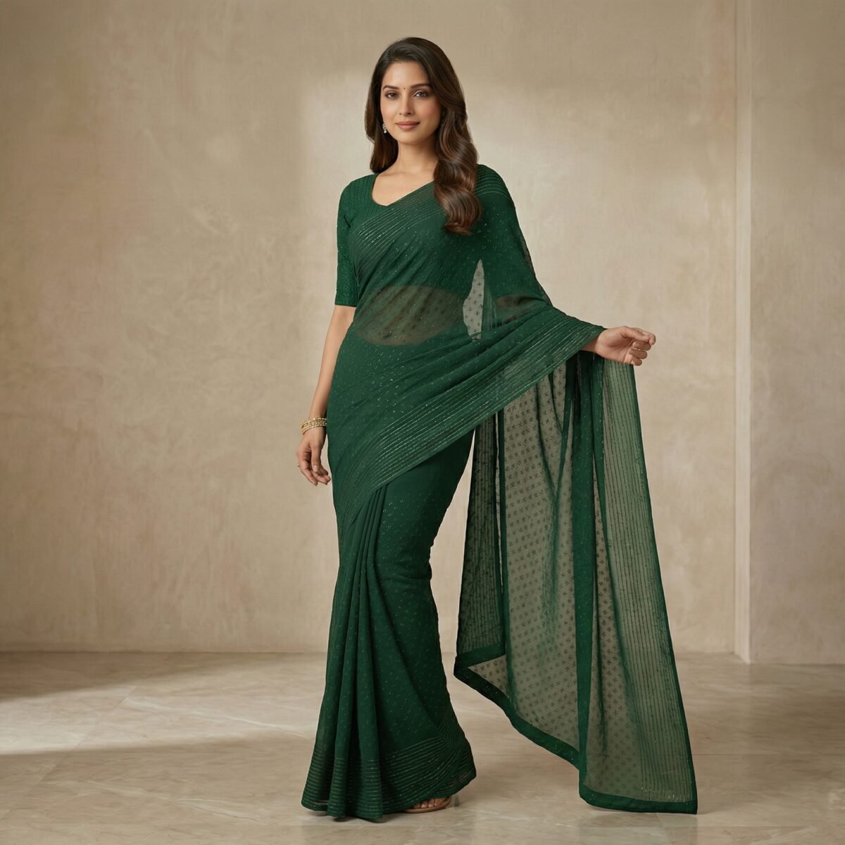 Forest Green Shimmer Chiffon Saree with Textured Half Sleeve Blouse - Image 4