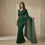 Forest Green Shimmer Chiffon Saree with Textured Half Sleeve Blouse - Image 4